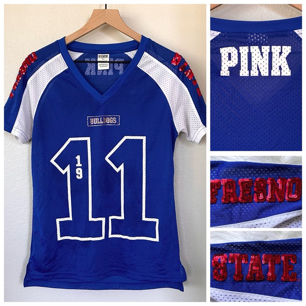 RARE S M PINK VS Fresno State Sporty Glam Sequin Football Jersey College Shirt